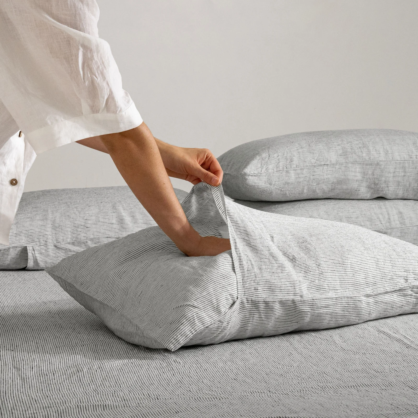 French Flax Linen Sheet Set in Pinstripe - Image 8