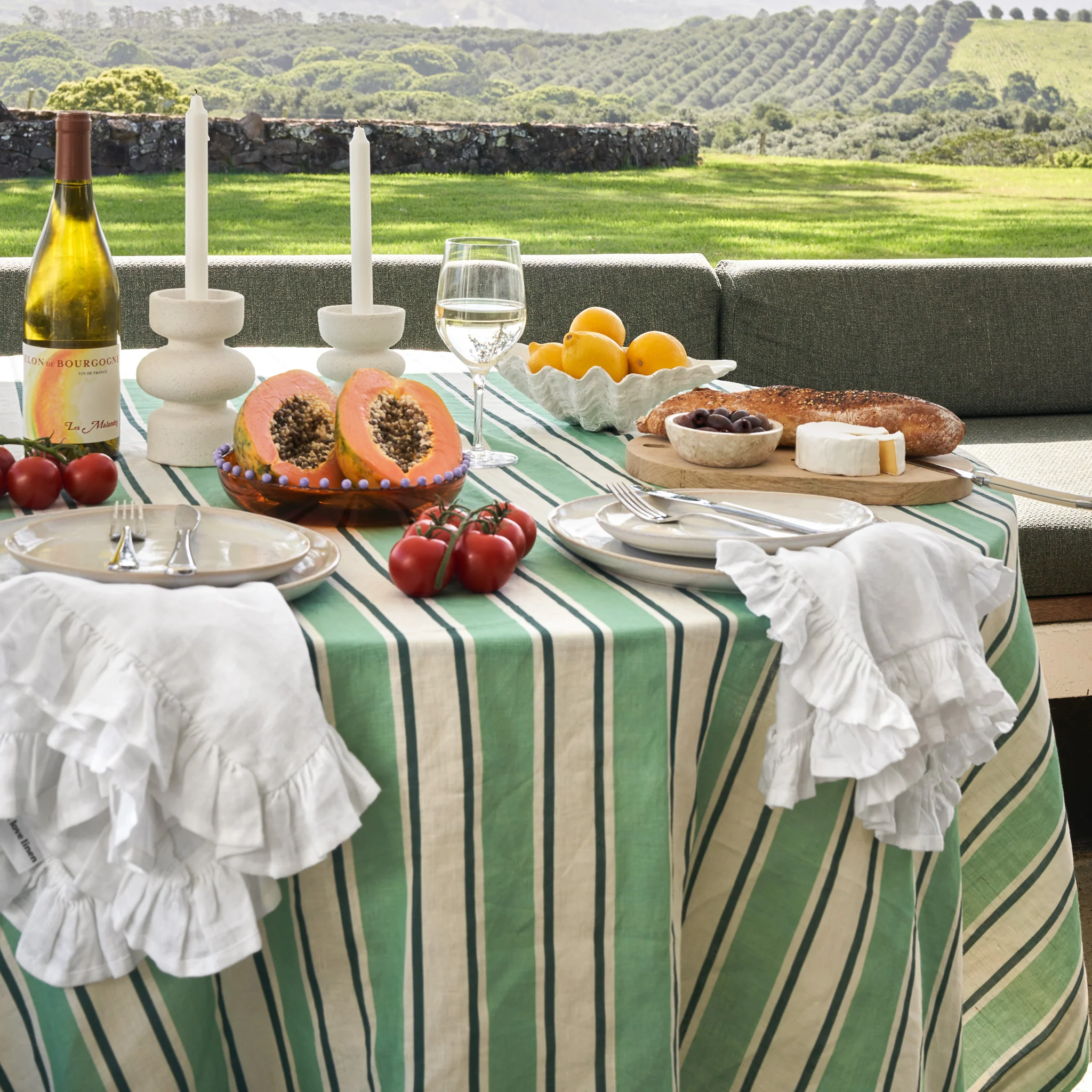 French Flax Linen Table Cloth in Green Stripe - Image 4