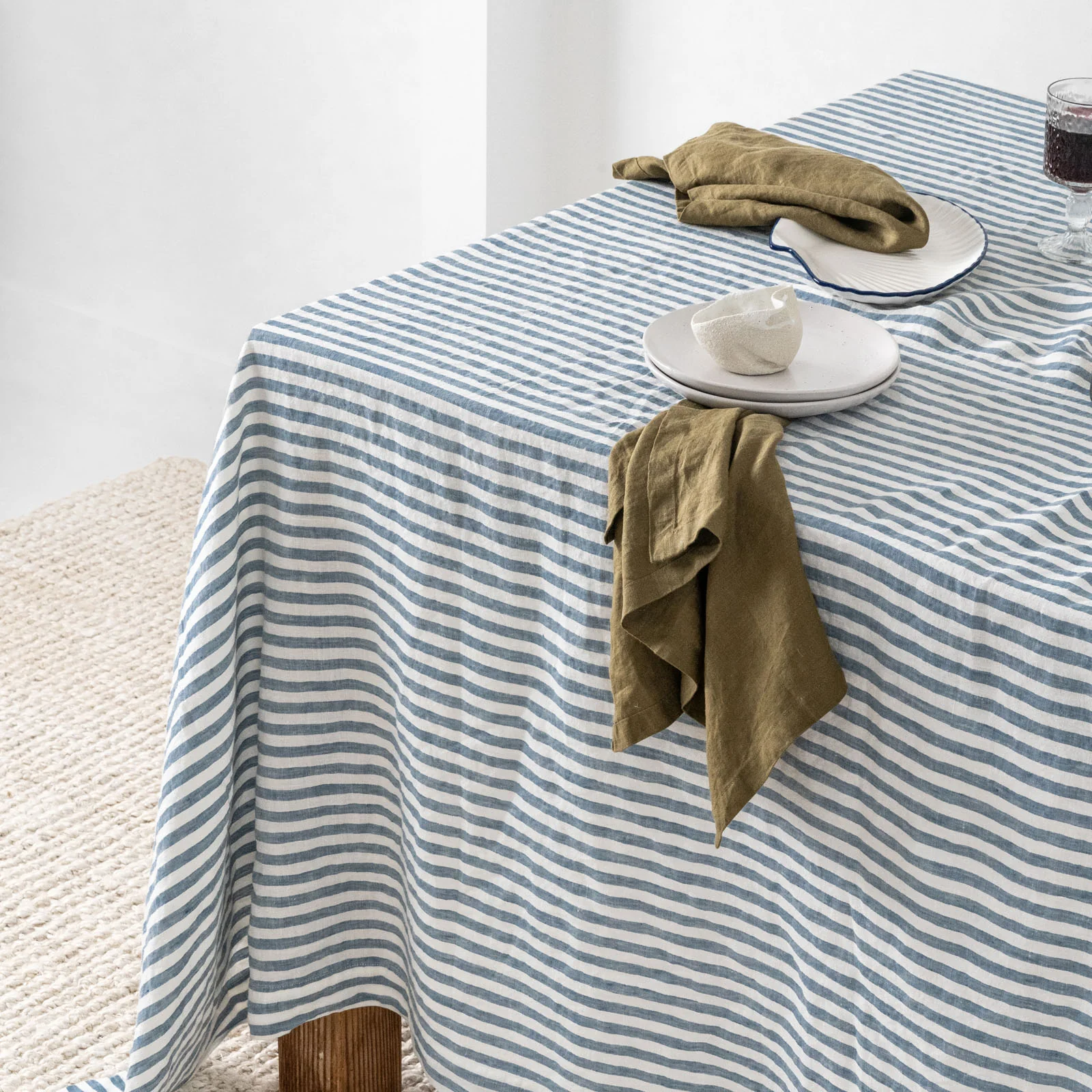 French Flax Linen Table Cloth in Marine Blue Stripe - Image 7